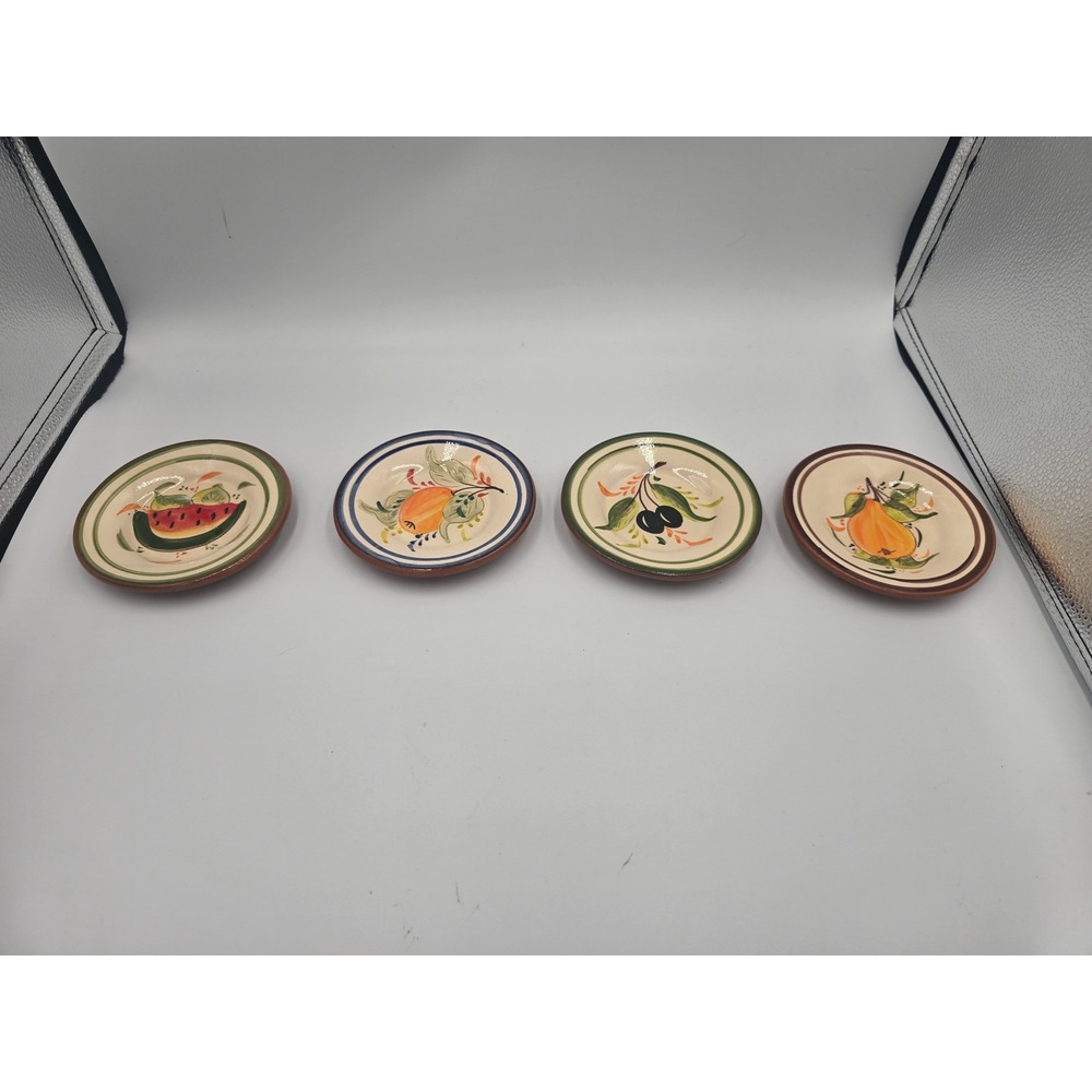 Set of 4 Vintage Portuguese Terracotta Dipping Plates Fruit Folk Art J.P. Corval
